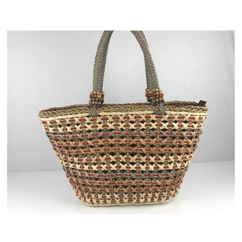 Sun N Sand Accessories Tote Bag Woven‎ Straw Red Brown Beaded Handles